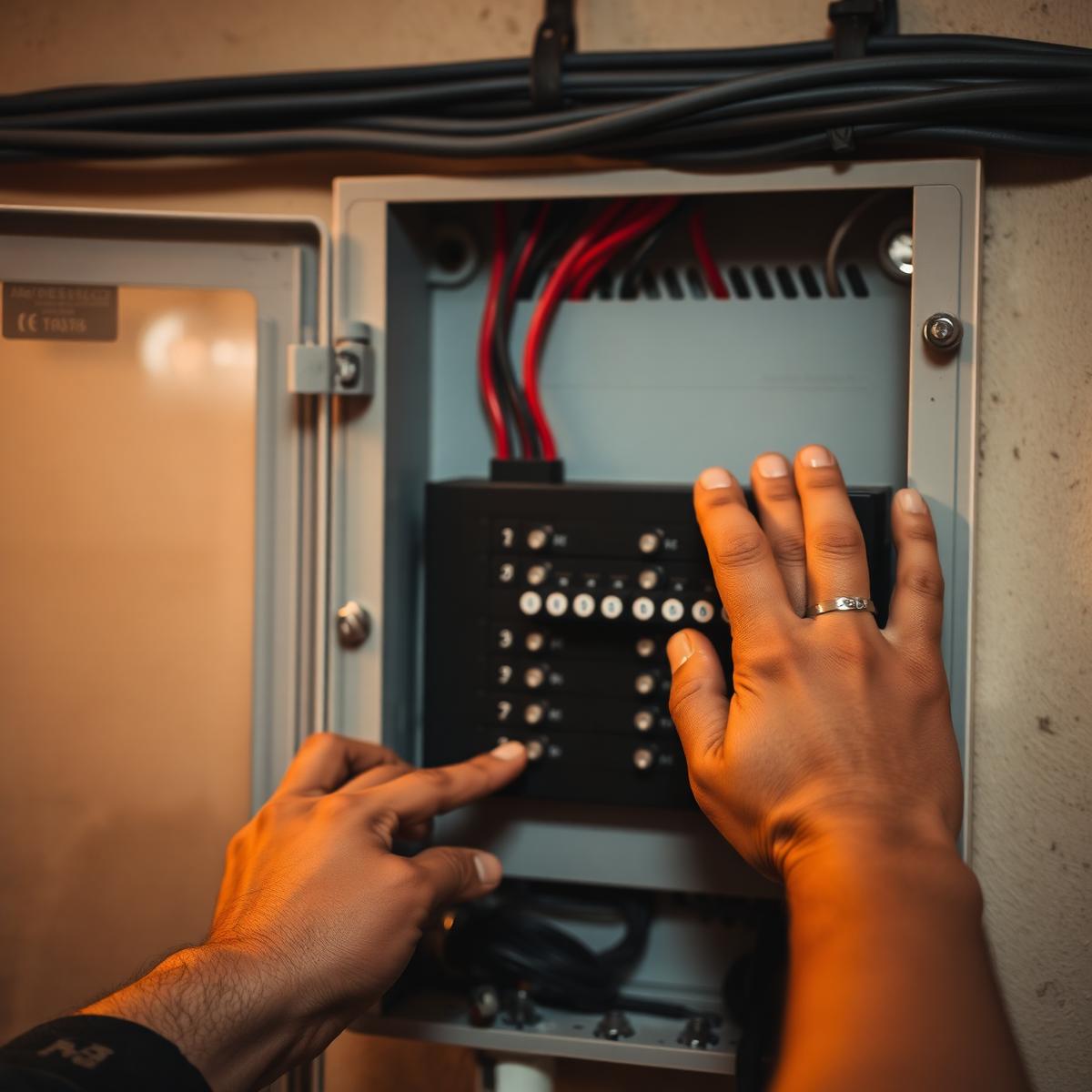 Elektrikerhände am Sicherungskasten